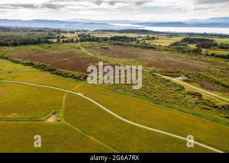 Luftaufnahme des Schlachtfeldes Culloden Moor, Inverness-Shire, Schottland, Schauplatz der Schlacht von Culloden Moor im Jahr 1746. Stockfoto