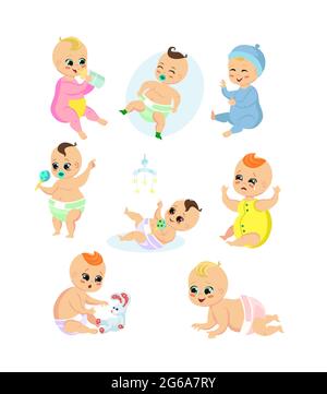 Vektor-Illustration Set von entzückenden Baby in verschiedenen Positionen und Emotionen. Tägliche Routine von glücklichen niedlichen Kindern. Kleine Jungen und Mädchen schlafen, essen, weinen und Stock Vektor
