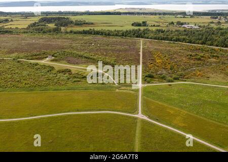 Luftaufnahme des Schlachtfeldes Culloden Moor, Inverness-Shire, Schottland, Schauplatz der Schlacht von Culloden Moor im Jahr 1746. Stockfoto