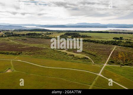 Luftaufnahme des Schlachtfeldes Culloden Moor, Inverness-Shire, Schottland, Schauplatz der Schlacht von Culloden Moor im Jahr 1746. Stockfoto