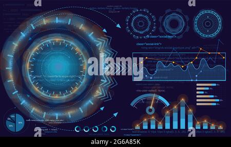 Vektordarstellung von Digitalanzeige, Statistik und Daten, Infografik zu Informationen. HUD-Hintergrund, Infografik-Elemente, futuristisches Geschäft Stock Vektor