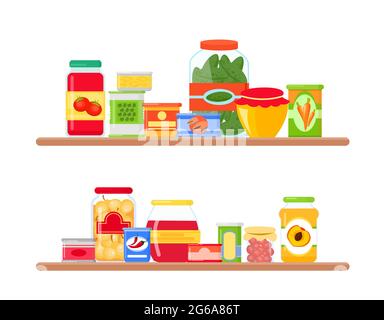 Vektor-Illustration von Lebensmittelgeschäft Regale voll von bunten und hellen Lebensmitteln in flachem Stil. Stock Vektor