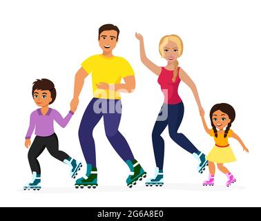 Vektor-Illustration von Smiley Familie Skaten auf dem weißen Hintergrund. Sportfamilie, Mutter, Vater, Mutter und Sohn glücklich zusammen. Gesundes Leben Stock Vektor