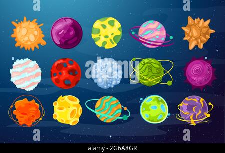 Vektor-Illustration Satz von bunten und hellen Cartoon fantic Planeten und kosmische Objekte in flachem Stil. Stock Vektor