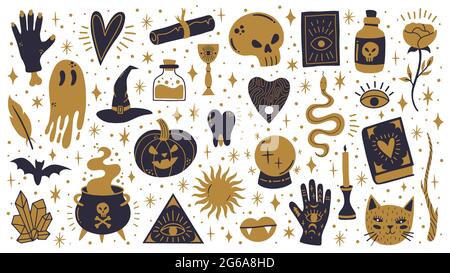 Hexen halloween-Symbole. Doodle Witchcraft gruselige Elemente, Zauberkessel, Schädel und Kürbis Vektor Illustration Set. Gruselige halloween Hexerei Stock Vektor