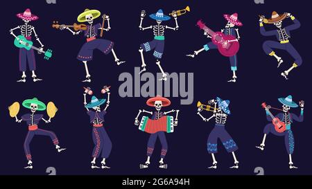 Tag der toten Mariachi-Band. Musikalische mexikanische Festival Skelette Zeichen Vektor Illustration Set. Dia de los muertos mariachi Skelett Musiker Stock Vektor