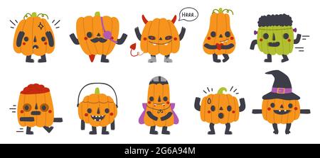 Niedliche Kürbis-Maskottchen. Halloween-Party lustige Kürbisse mit verschiedenen Gesichtern isoliert Vektor-Symbole gesetzt. Happy halloween Kürbis Zeichen Stock Vektor