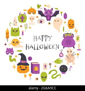 Happy halloween-Karte. Herbst halloween Kürbis, Fledermaus und Hexenkessel Party Einladung Vektor Illustration. Niedliches halloween-Symbole-Poster Stock Vektor