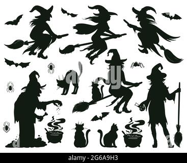 Halloween Hexe Silhouetten. Magische Hexen Damen mit Broomstick, Hüte und Fledermäuse, gruselige Hexen machen magische Vektor-Illustration-Set. Weibliche Zaubererinnen Stock Vektor