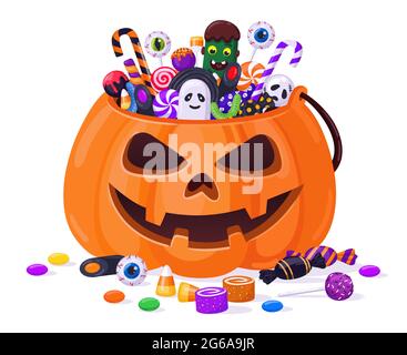 Halloween Kürbis mit Süßigkeiten. Cartoon Süßigkeiten Kürbis Korb, Lutscher, Gelee Leckereien und Zuckerrohr Vektor Illustration. Kürbis-Trick or Treat-Beutel Stock Vektor