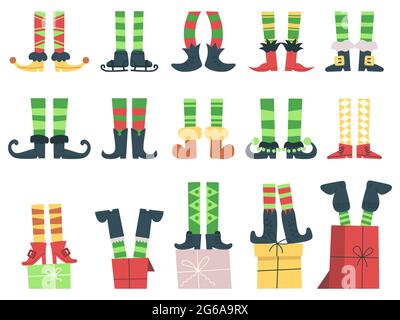 Weihnachtselfen Füße. Niedliche Santa Claus Helfer Beine in Stiefeln und gestreiften Socken Vektor-Illustration-Set. Cartoon lustige Weihnachten elf Füße Stock Vektor