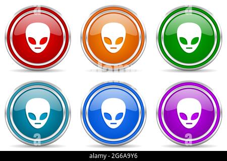 Alien Face silber metallic glänzende Icons, Set von modernen Design-Tasten für Web-, Internet- und mobile Anwendungen in 6 Farben Optionen isoliert auf weiß Stockfoto