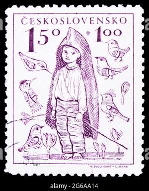 MOSKAU, RUSSLAND - 18. APRIL 2020: Die in der Tschechoslowakei gedruckte Briefmarke zeigt Shepherd, for Children Serie, um 1948 Stockfoto