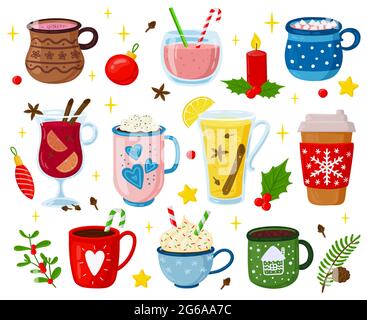 Weihnachtsgetränke. Urlaub süße Getränke, Cocktails, Punsch, Kaffee, heißen Kakao mit Salmallows und Schlagsahne Vektor-Illustration-Set. Weihnachtsfeier Stock Vektor
