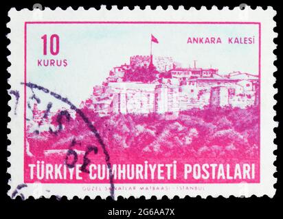 MOSKAU, RUSSLAND - 18. APRIL 2020: In der Türkei gedruckte Briefmarke zeigt Citadel, Ankara Serie, um 1963 Stockfoto