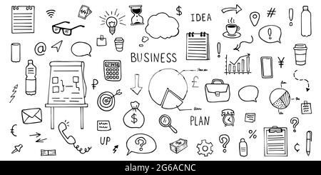 Business-Doodle-Set. Handgezeichnete Vektor-Infografiken Symbole - Büro, Finanzen, Strategie Stock Vektor