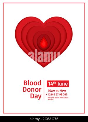 World Blood Donor Day 14 Juni Vektorpapier geschnitten Poster. Papiergeschnittenes rotes Bluttropfen- und Herzpapier auf weißem Hintergrund. Vektormedizin 3d-Illustration Stock Vektor