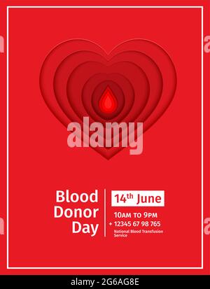 World Blood Donor Day 14 Juni Vektorpapier geschnitten Poster. Broschiert Flyer Bluttropfen und Herz Papier auf rotem Hintergrund. Vektormedizin 3d-Illustration Stock Vektor