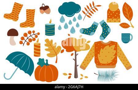 Herbst Artikel Set: Blätter, Kürbis, Pullover, Kerzen und andere. Isolierte Vektorgrafik für Elemente der Herbstsaison Stock Vektor