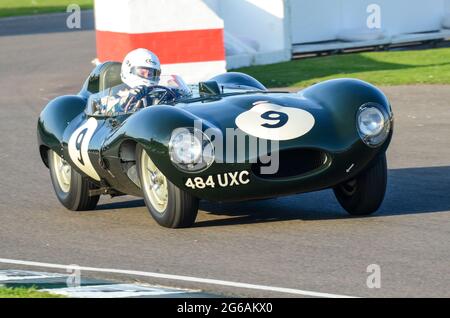 Jaguar D Type Classic Sportwagen, Oldtimer-Rennwagen, der bei der Sussex Trophy beim historischen Goodwood Revival-Event in Großbritannien teilnimmt. Jonathan Turner fährt Stockfoto