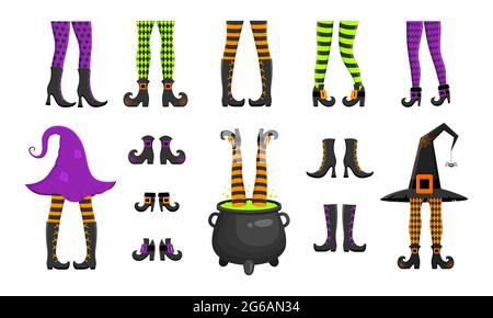 Set of different witch legs in stockings and boots, sticking up from hat and cauldron. Funny design elements for Halloween party, greeting or invitation card or flyer. Vector cartoon illustration. Stock Vektor