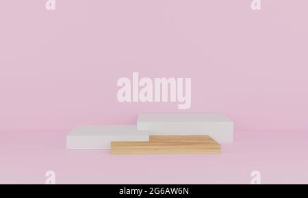 3D Rendern. Abstrakte minimale Szene mit geometrischen. Holzpodium auf rosa Hintergrund. Sockel oder Plattform für Display, Produktpräsentation, Mock-up, Stockfoto