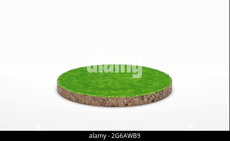 3D Rendern. Runder Bodenquerschnitt mit grünem Gras auf weißem Hintergrund. Stockfoto