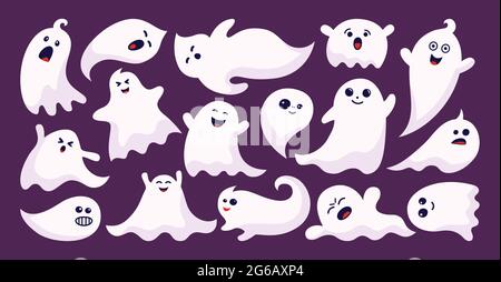 Ghost Spuk Horror flache Cartoon-Set. Halloween Erscheinung einfache niedliche und gruselige geisterhafte Monster. Witziges Putenmuster. Fly Phantom Spirit festliches Element. Party feiert Vektor Stock Vektor