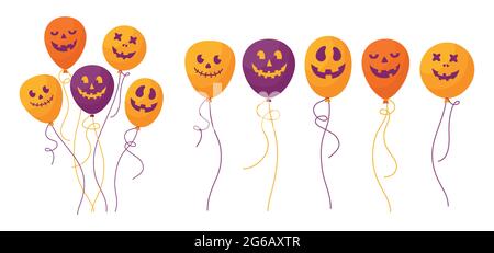 Ballon Halloween Cartoon-Set. Bunch glänzende Helium Luftballons mit gruseligen, gruseligen, lustigen Faces Flat Party Kollektion. Happy Halloween Urlaub Überraschung orange, gelb, lila, Dekoration Vektor Stock Vektor
