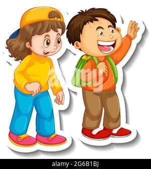 Sticker Vorlage mit paar Kindern Studenten Cartoon Charakter isoliert Illustration Stock Vektor