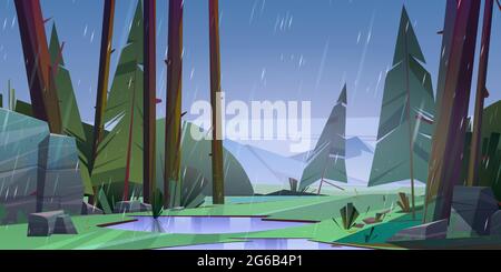 Wald bei Regen Tag Landschaft. Ruhige Natur mit Tannen, Felsen und Regentropfen, Pfützen auf dem Boden, Sommerholz Cartoon-Vektor-Illustration Stock Vektor