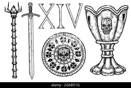 Handgezeichnete Desin-Sammlung mit mittelalterlichem Schwert, Münze, Tasse und römischen Zahlen auf Weiß isoliert. Handgezeichnete schwarz-weiße Vektorgrafik Stock Vektor