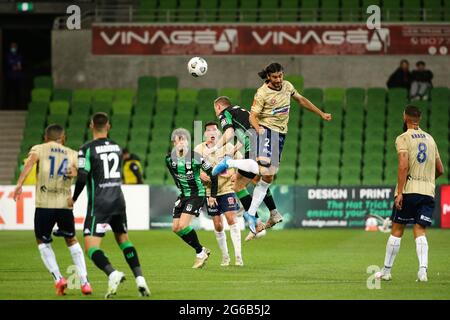 MELBOURNE, AUSTRALIEN - 26. APRIL: Während des Hyundai A-League Fußballmatches zwischen dem Western United FC und den Newcastle Jets am 26. April 2021 im AAMI Park in Melbourne, Australien. (Foto von Dave Hewison) Stockfoto