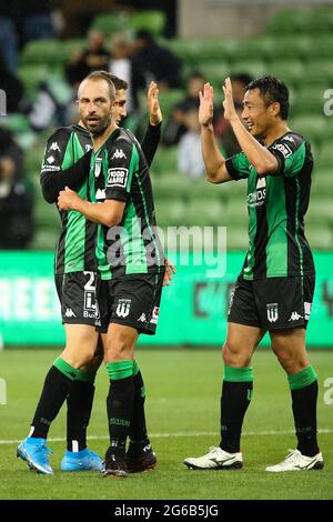 MELBOURNE, AUSTRALIEN - 26. APRIL: WESTERN United feiert am 26. April 2021 im AAMI Park in Melbourne, Australien, ein Tor beim Hyundai A-League Fußballspiel zwischen dem Western United FC und den Newcastle Jets. (Foto von Dave Hewison) Stockfoto