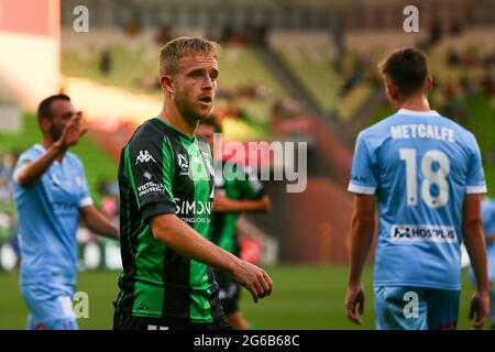 MELBOURNE, AUSTRALIEN - 1. APRIL: Connor Pain of Western United während des Hyundai A-League Fußballmatches zwischen dem Western United FC und dem Melbourne City FC am 1. April 2021 im AAMI Park in Melbourne, Australien. (Foto von Dave Hewison) Stockfoto