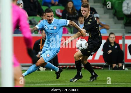 MELBOURNE, AUSTRALIEN - 26. MÄRZ: Jamie Maclaren aus Melbourne City während des Hyundai A-League Fußballmatches zwischen dem Melbourne City FC und dem Western Sydney Wanderers FC am 27. März 2021 im AAMI Park in Melbourne, Australien. (Foto von Dave Hewison) Stockfoto