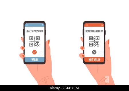 QR-Code mit Gesundheitspass. Weibliche Hand hält Smartphone mit elektronischen gültigen und nicht gültigen Impfpass. Überprüfung der Sicherheit von covid Stock Vektor