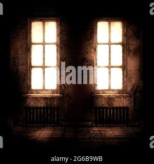 Altes Fenster im verlassenen Gebäude, digital gerenderte 3d-Illustration. Stockfoto