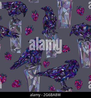 Krähen und Erdbeeren handgezeichnete Vektor nahtloses Muster. Vögel mit Beeren Hintergrundtextur für Tapete, Geschenkpapier, Textildesign, Oberfläche Stock Vektor