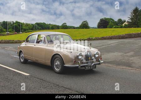 1968 60s Gold British Jaguar 2.4/240 2483cc Benzin-Luxuslimousine, auf dem Weg zur Leighton Hall Oldtimer-Juli-Automobilausstellung, Carnforth, Lancashire UK Stockfoto