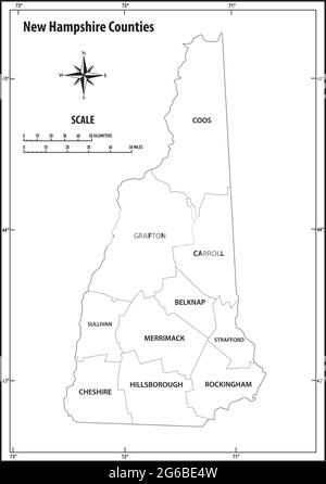New hampshire State skizzieren administrative und politische Vektorkarten in Schwarz-Weiß Stock Vektor