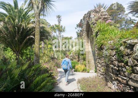 Torbogen der Ruinen der Benediktinerabtei in Abbey Gardens, Tresco, Isles of Scilly, Cornwall, Großbritannien Stockfoto