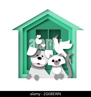 Grünes Haus mit Hund, Katze und Papagei, Vektorgrafik im Papierkunststil. Tierheim, Tierarztklinik. Pets Home Logo Stock Vektor