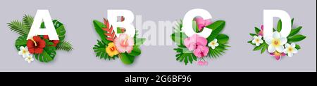Florales Alphabet, Vektor-Papier geschnitten Illustration. A, B, C, D Buchstaben mit schönen exotischen tropischen Blättern und Blumen. Stock Vektor