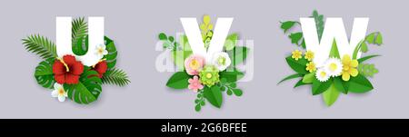 Florales Alphabet, Vektor-Papier geschnitten Illustration. U, V, W Englische Großbuchstaben mit exotischen tropischen Blättern und Blumen. Stock Vektor