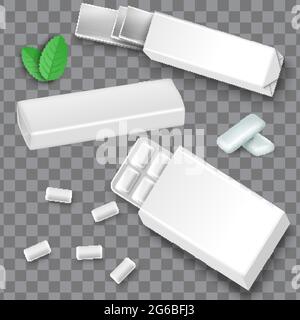 Weiße leere Blase Gummi Paket Mockup Set, grüne Minze Blätter, fallende Bubblegums, Vektor isolierte Illustration. Stock Vektor