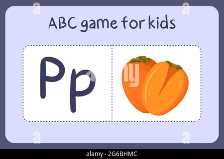 Kind Alphabet Mini-Spiele im Cartoon-Stil mit dem Buchstaben P - Persimmon. Vektor-Illustration für Spiel-Design - Schneiden und spielen. Lerne abc mit Flash-Karten für Obst und Gemüse. Stock Vektor