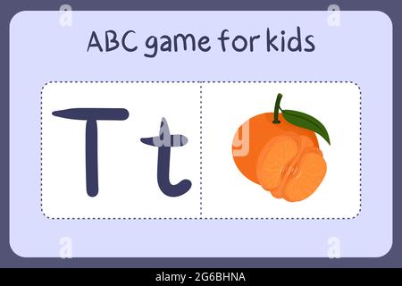 Kind Alphabet Mini-Spiele im Cartoon-Stil mit dem Buchstaben T - Mandarine. Vektor-Illustration für Spiel-Design - Schneiden und spielen. Lerne abc mit Flash-Karten für Obst und Gemüse. Stock Vektor