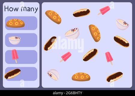 Kids mathematische Mini-Spiel - zählen, wie viele Lebensmittel - Kuchen, Haferflocken, Eis, eclair. Pädagogische Spiele für Kinder. Cartoon Design Vorlage auf bunten Hintergrund. Vektorgrafik. Stock Vektor