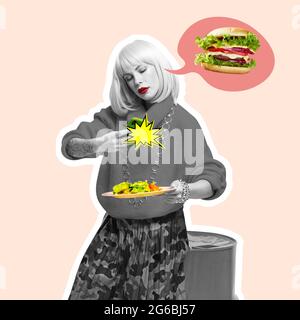 Junge Frau, Food-Bloggerin fotografieren Lebensmittel isoliert über hellen Hintergrund. Zeitgenössische Kunstcollage und modernes Design. Konzept der Idee, Inspiration Stockfoto